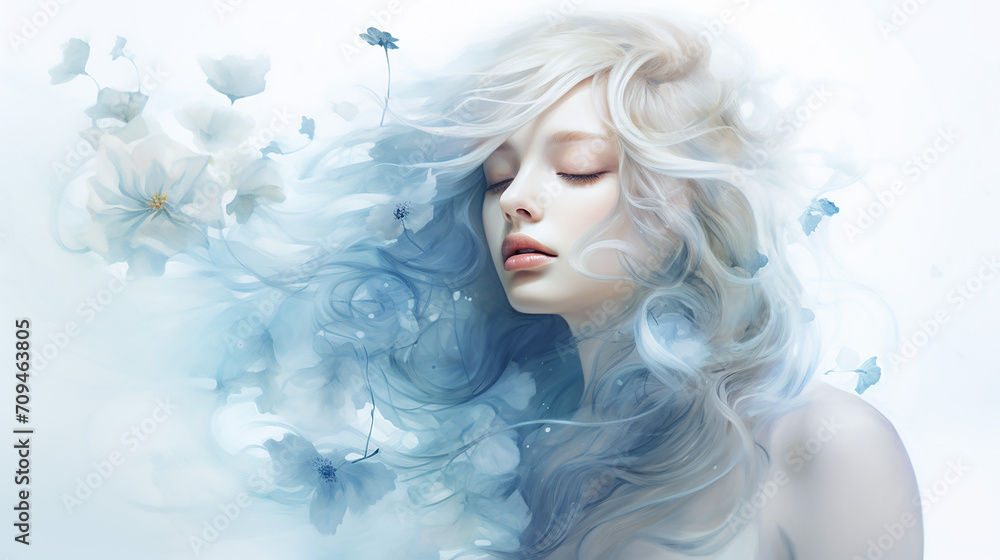 pretty blue ethereal and dreamy artwork with beautiful woman on white background