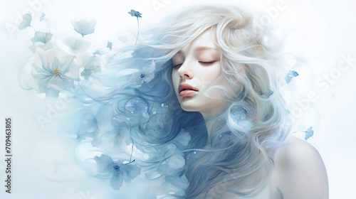 pretty blue ethereal and dreamy artwork with beautiful woman on white background photo