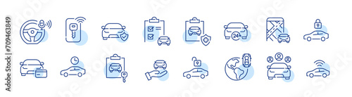 Car rental service and sharing. Global business, checklist and insurance. Pixel perfect, editable stroke icon