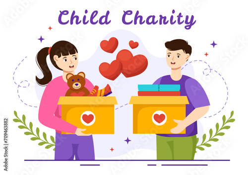 Child Charity Vector Illustration of Charitable Support and Protection of Children with Toy Donation Boxes, Food and Medications Humanitarian Aid