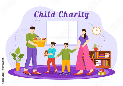Child Charity Vector Illustration of Charitable Support and Protection of Children with Toy Donation Boxes, Food and Medications Humanitarian Aid