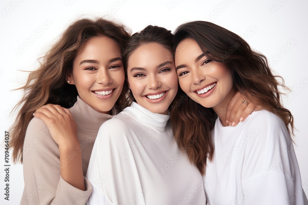 Three joyful women hugging while standing Three joyful women hugging while standing