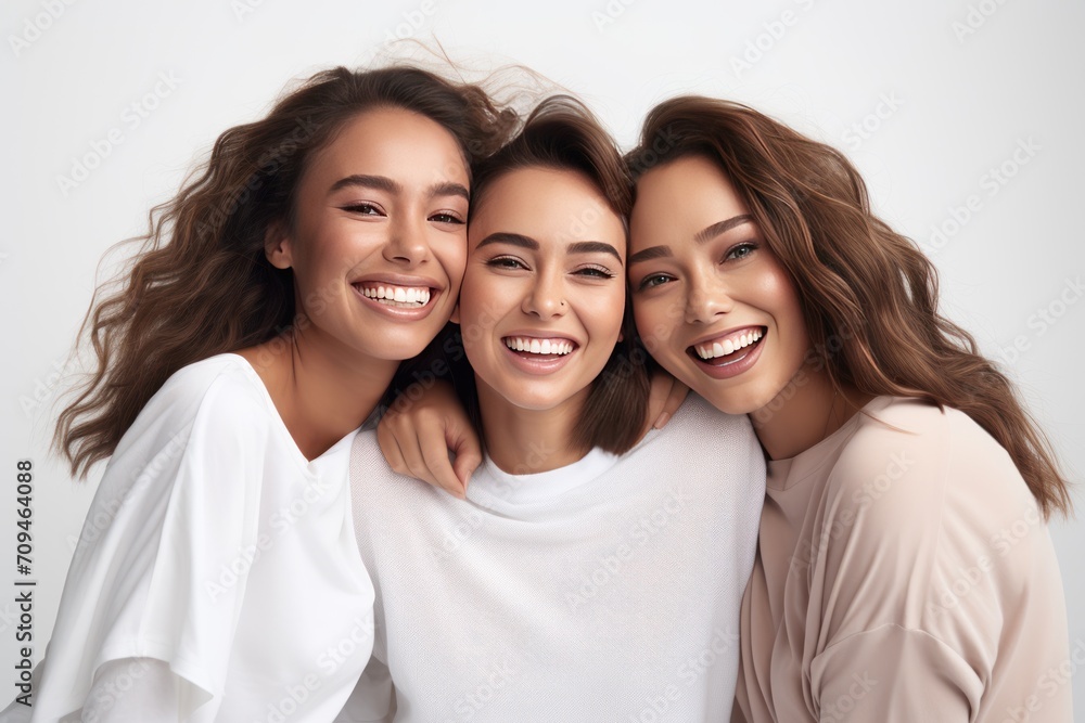 Three joyful women hugging while standing Three joyful women hugging while standing
