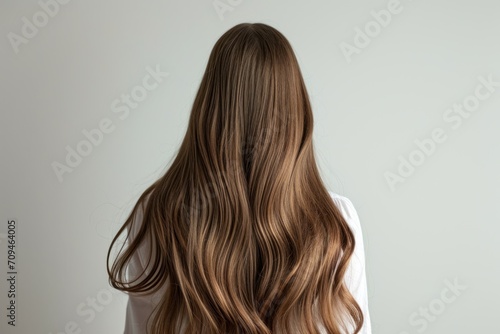 The back of a girl with long hair on white background, Smooth and shiny hair.