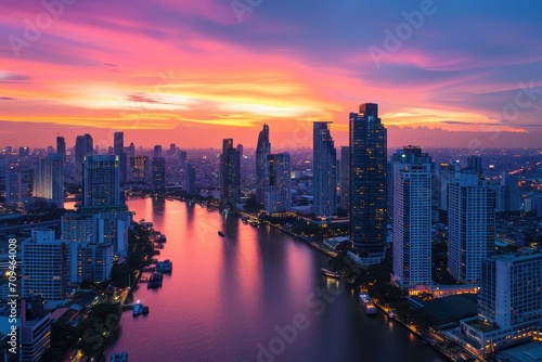 A panoramic view of a vibrant city skyline at sunset With skyscrapers and a river reflecting the colorful sky