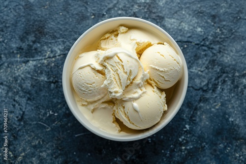 Top-down view of bowl of frozen homemade ice cream