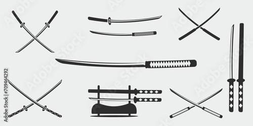 set of katana logo line art vintage vector illustration template icon graphic design