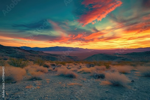 A panoramic view of a stunning desert landscape under a vivid sunset sky
