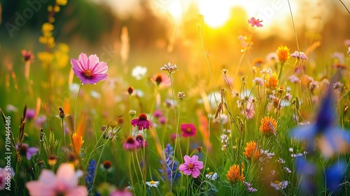 Beautiful wildflowers on a green meadow. Warm summer evening