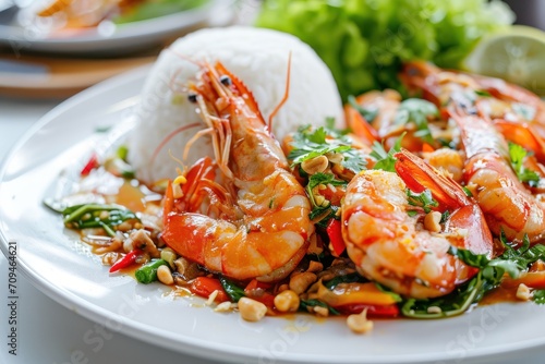 Traditional Thai fried king prawns with vegetable, cashew nuts and rice served as close-up 