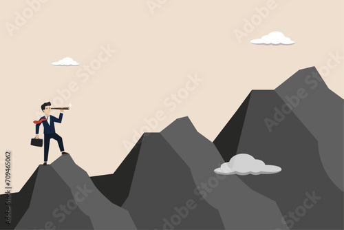 Visionary, look to see future or search for opportunity, finding way to success, challenge or mission concept, businessman look through telescope to see business vision.