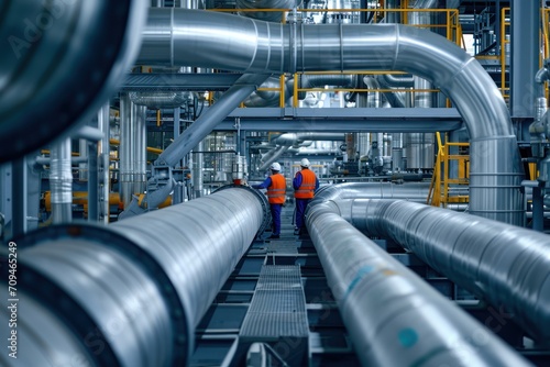 Workers inspecting and maintaining the various components of an industrial pipeline