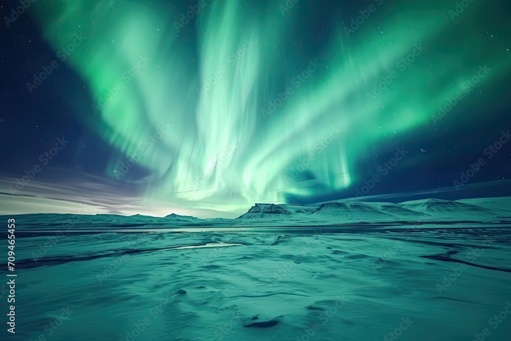 Aurora borealis over an untouched alien landscape
