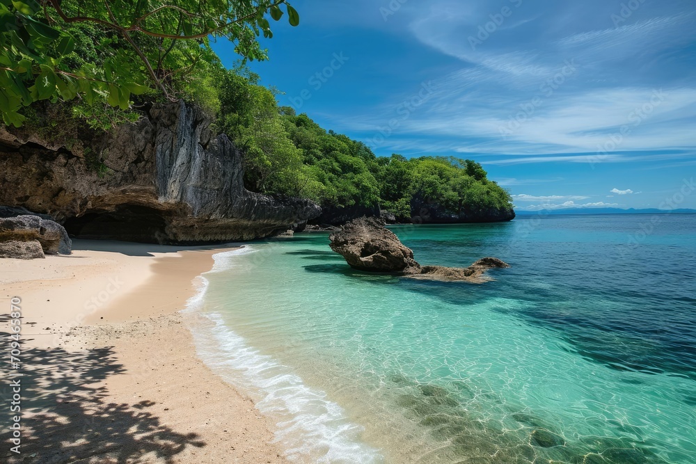 An idyllic and picturesque travel destination Showcasing a hidden beach Crystal-clear waters And a tranquil atmosphere