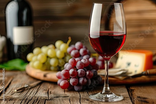 An elegant glass of red wine with grapes and a cheese platter in the background Set on a rustic wooden table