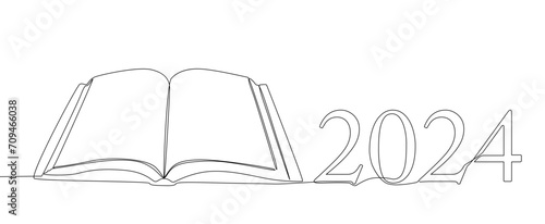 One continuous line of Book with the number 2024. Thin Line Illustration vector concept. Contour Drawing Creative ideas.
