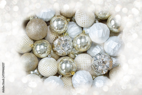 Holiday Christmas decoration balls with gold and silver bokeh
