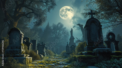 Shadows dance a the mosscovered graves, as the full moon casts an otherworldly light upon the restless spirits that roam the moonlit cemetery. Fantasy art