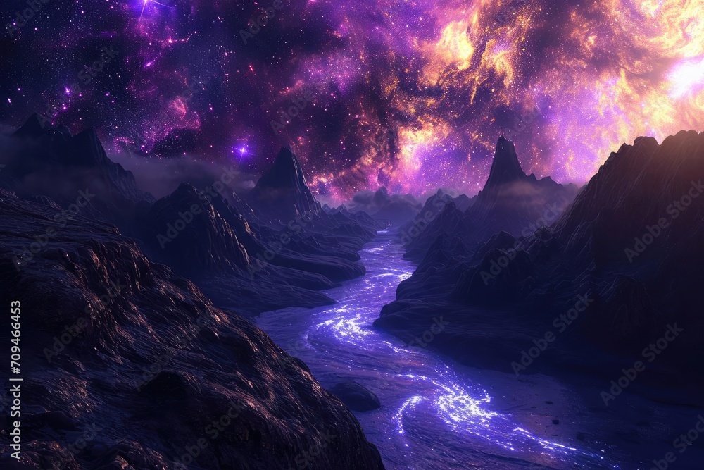 Fototapeta premium Glowing cosmic river flowing through an interstellar landscape