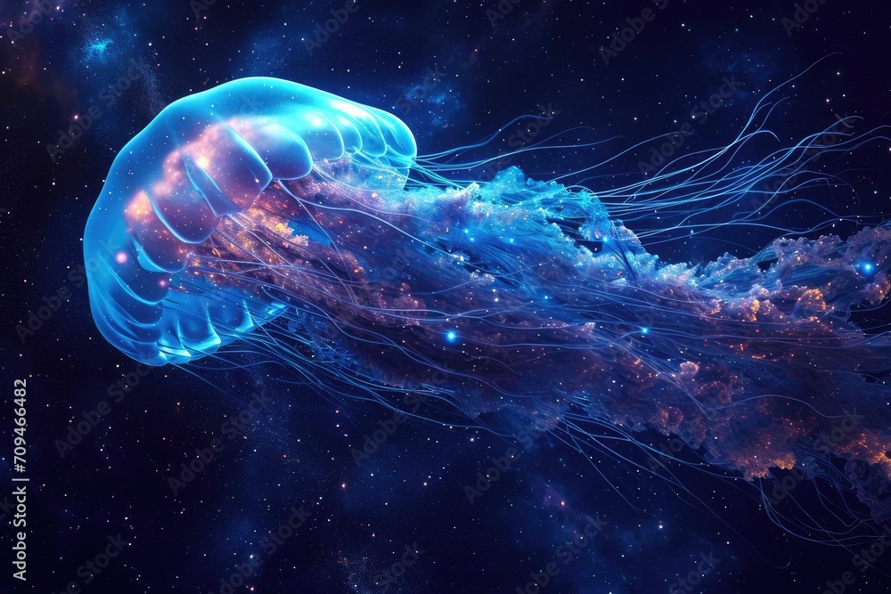 Glowing space jellyfish nebula Bioluminescent tentacles trailing Glowing space jellyfish nebula Bioluminescent tentacles trailing