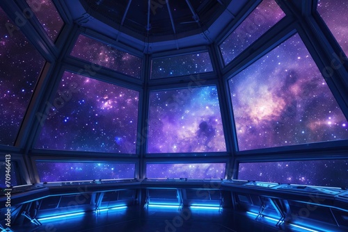 Galactic observatory with panoramic windows viewing a nebula