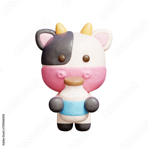 3D cute cow with milk bottle, cartoon animal character, 3D rendering.