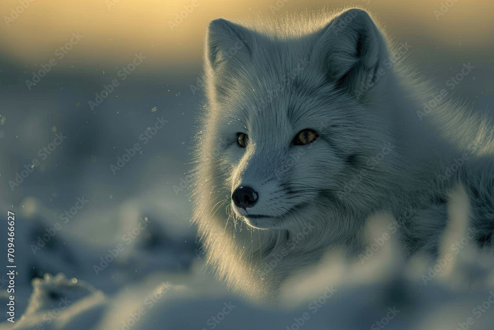 A majestic Arctic fox poses against the backdrop of the Northern Lights