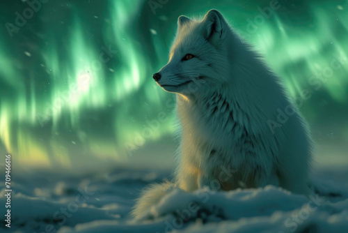 A majestic Arctic fox poses against the backdrop of the Northern Lights