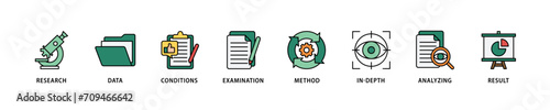 Case study icon set flow process which consists of research, data, conditions, examination, method, in depth, analyzing, and result icon live stroke and easy to edit 