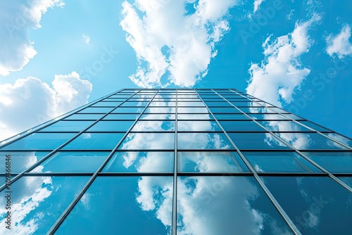 Modern skyscraper with glass facade against a blue sky