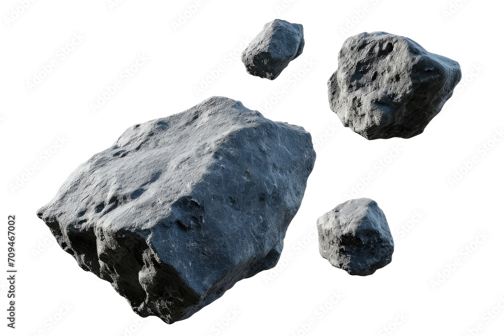 Naklejka premium Asteroids swarm of boulders or stone meteorite isolated on transparent png background, flying rock in the space.