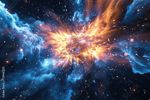 Bright sparks and particles are radiating outward from the center of the explosion