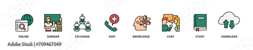 E learning icon set flow process which consists of online, seminar, exchange, voip, knowledge, chat, study and download icon live stroke and easy to edit 