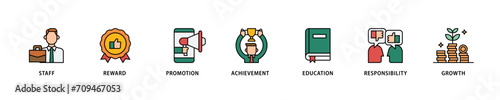 Employee motivation icon set flow process which consists of staff, reward, promotion, achievement, education, responsibility and growth icon live stroke and easy to edit 