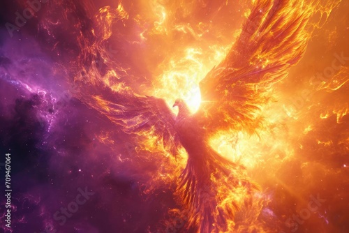 Celestial phoenix rising from a supernova Mythical and powerful