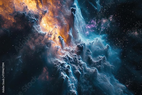 Celestial waterfall cascading into a cosmic void