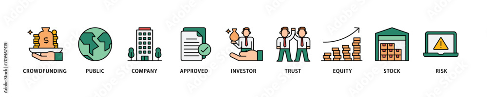 Ipo icon set flow process which consists of crowdfunding, public company, approved, investor, trust, equity, stock and risk icon live stroke and easy to edit 
