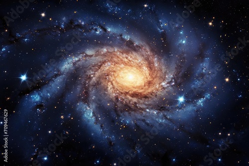 Majestic spiral galaxy with bright nebulae and twinkling stars