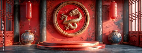 Fotografia Dragon 3D chinese 2024 year gold new lunar cny podium happy background red golden