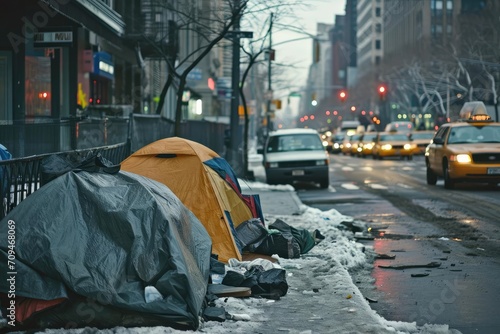 Urban scene highlighting social issues such as homelessness or poverty