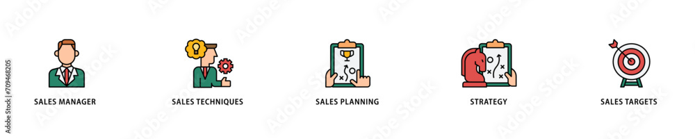 Sales management icon set flow process which consists of manager, sales techniques, planning, strategy, and targets icon live stroke and easy to edit 