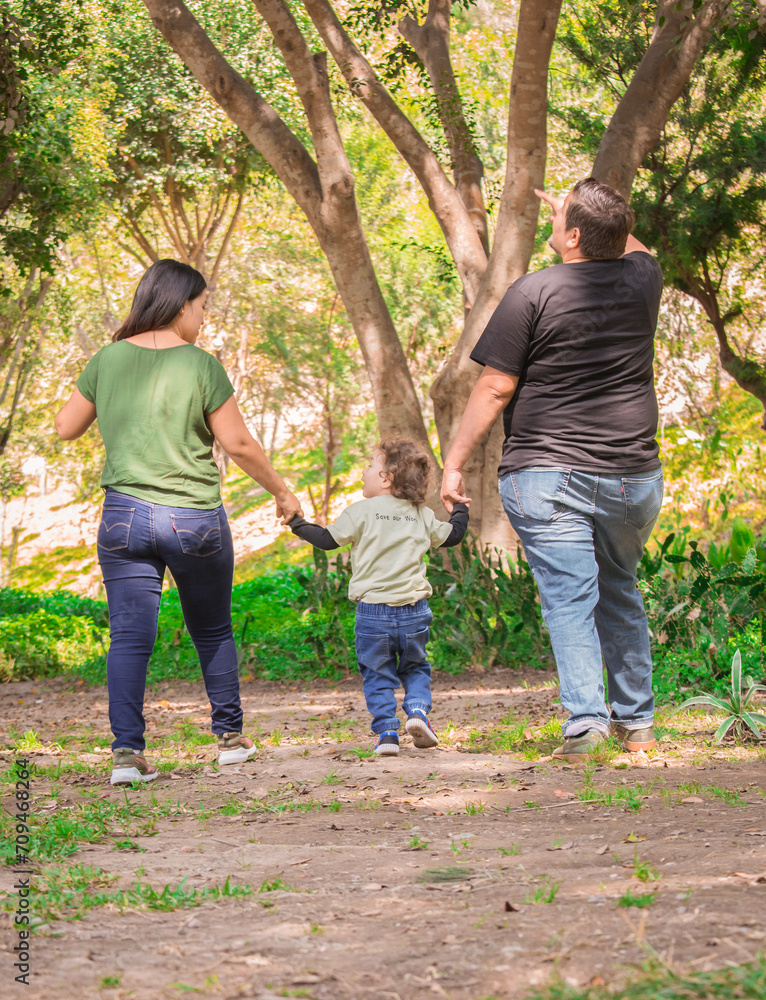 Family members holding hands and walking backwards in a park together family Family members holding hands and walking backwards in a park together family