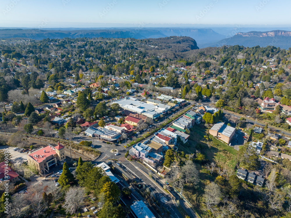 Drone aerial photograph of the township of Leura with a large valley in the background in the upper Blue Mountains in New South Wales in Australia