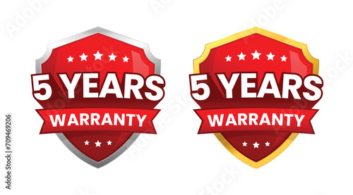 5 years warranty label or badge design, with a minimalist and shiny red shield icon isolated. Vector Illustration