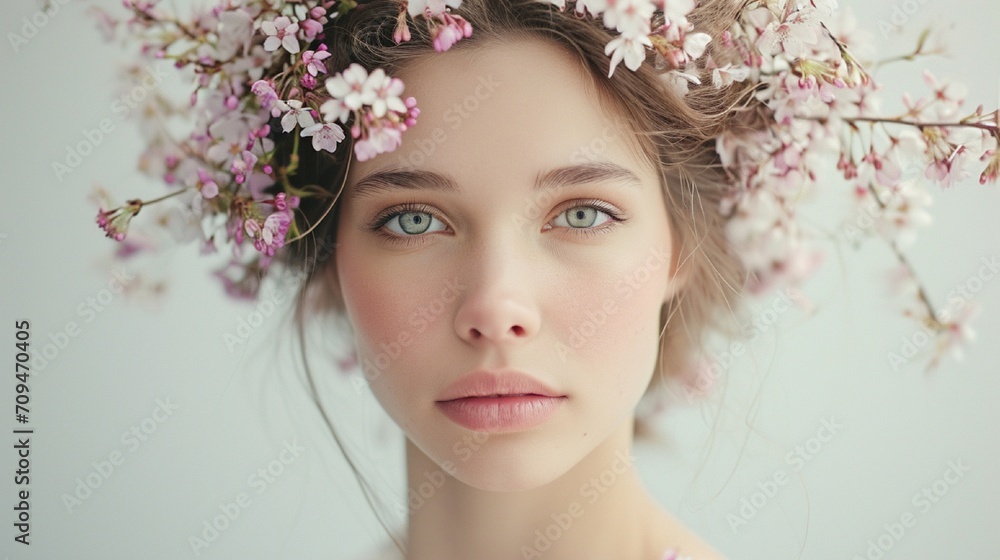 Beautiful woman wearing a wreath of spring blossoms, her eyes sparkling with joy against a spotless white background