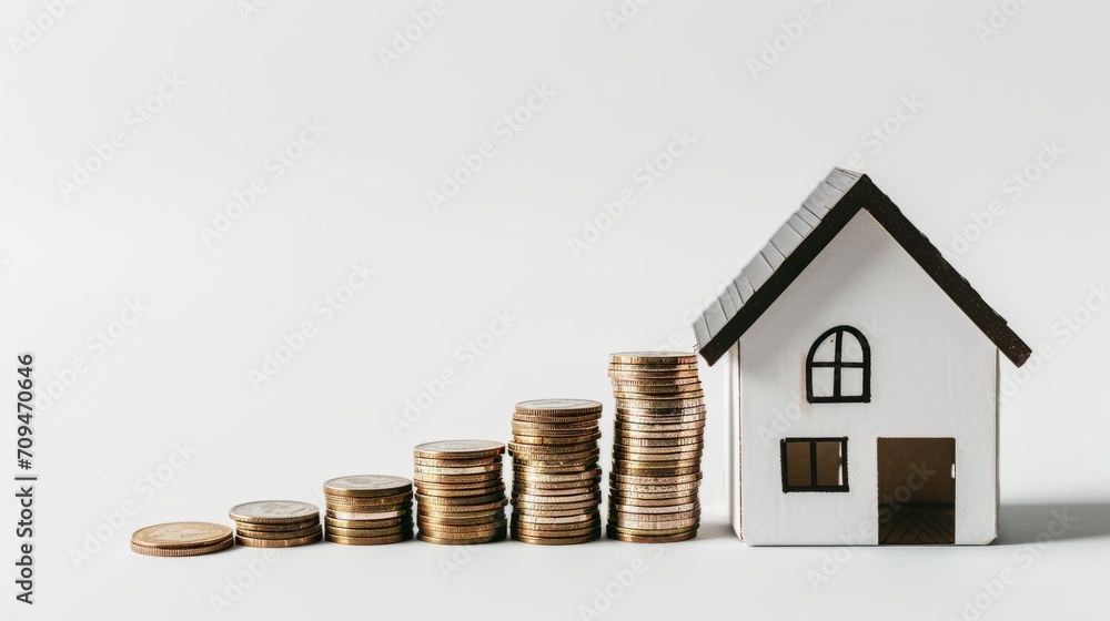 Growing Savings with Increasing Coin Stacks Beside White House Model Growing Savings with Increasing Coin Stacks Beside White House Model