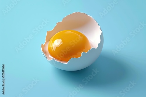 egg is placed against a bright blue background that contrasts the yellow and white colors of the egg photo