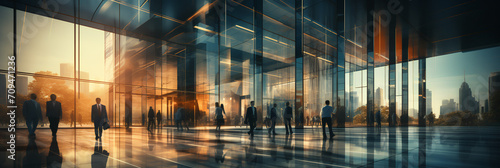 Open lobby-office space. . Modern architecture. Lots of natural light. Office workers walking through office space wearing high-end expensive business suits. Blurred image. Motion blur photo