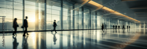 Open lobby-office space. . Modern architecture. Lots of natural light. Office workers walking through office space wearing high-end expensive business suits. Blurred image. Motion blur 