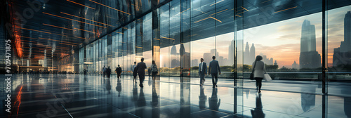 Open lobby-office space. . Modern architecture. Lots of natural light. Office workers walking through office space wearing high-end expensive business suits. Blurred image. Motion blur 